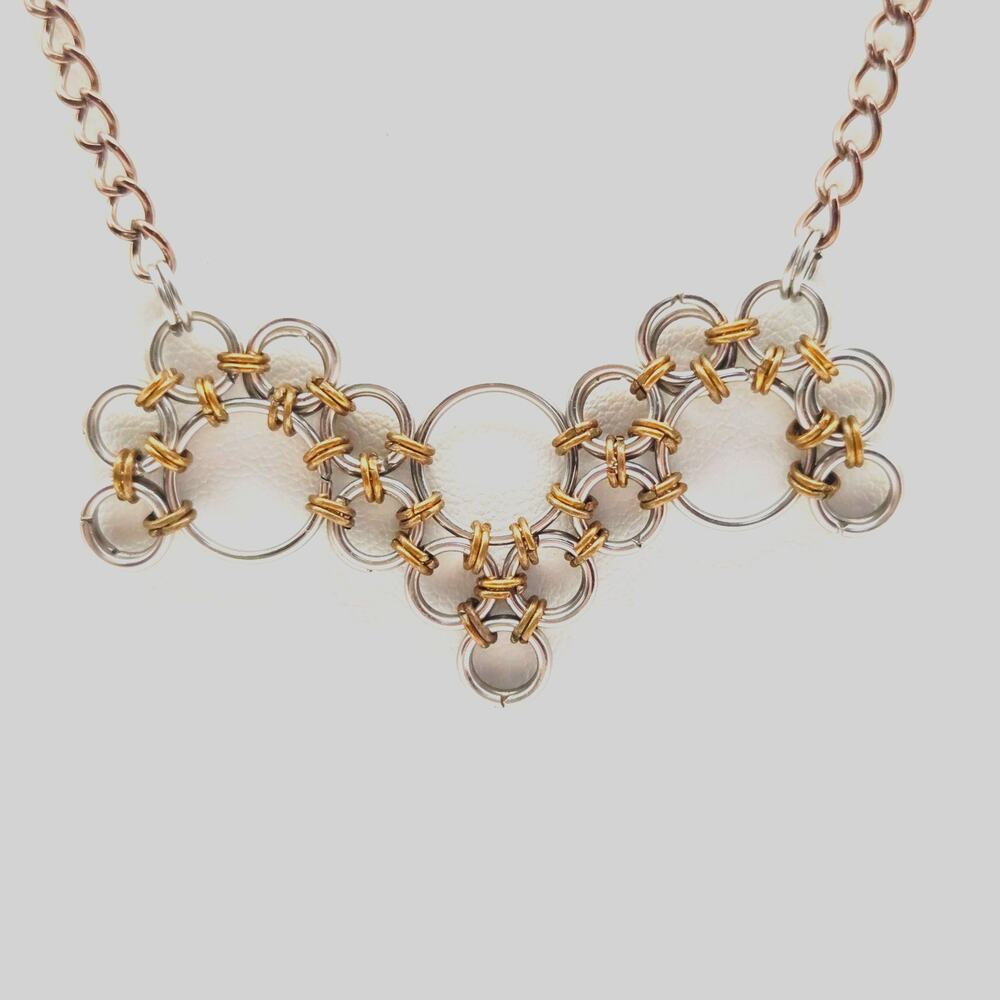 Hand Crafted Chainmaille Stainless Golden Draped Rings Necklace Goth Ren Fest